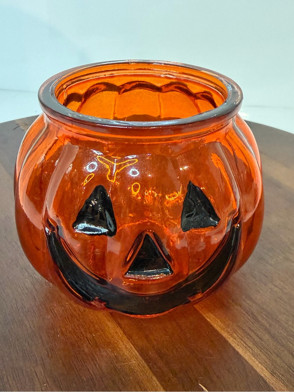 Vintage Amber Glass Jack O Lantern Pumpkin Candle Holder Votive